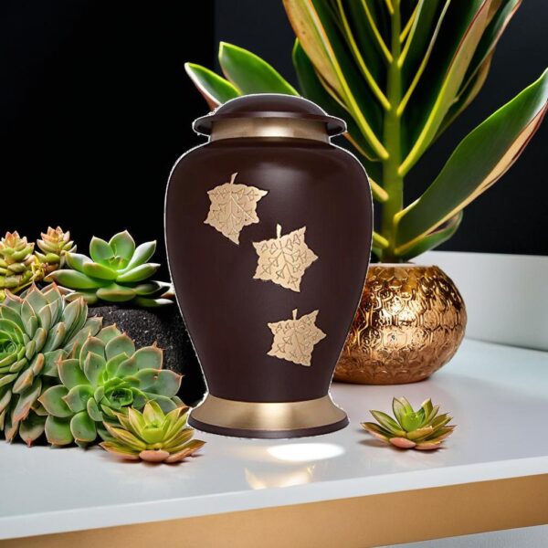 Lovely Golden Leaves Engraved Cremation Urn for Male and Female Human Ashes Funeral Urn