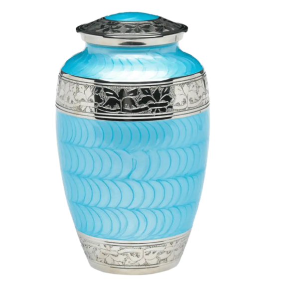 Beautiful Blue Enameled With Engraving Cremation Urn for Male and Female Human Ashes Funeral Urn - Image 2